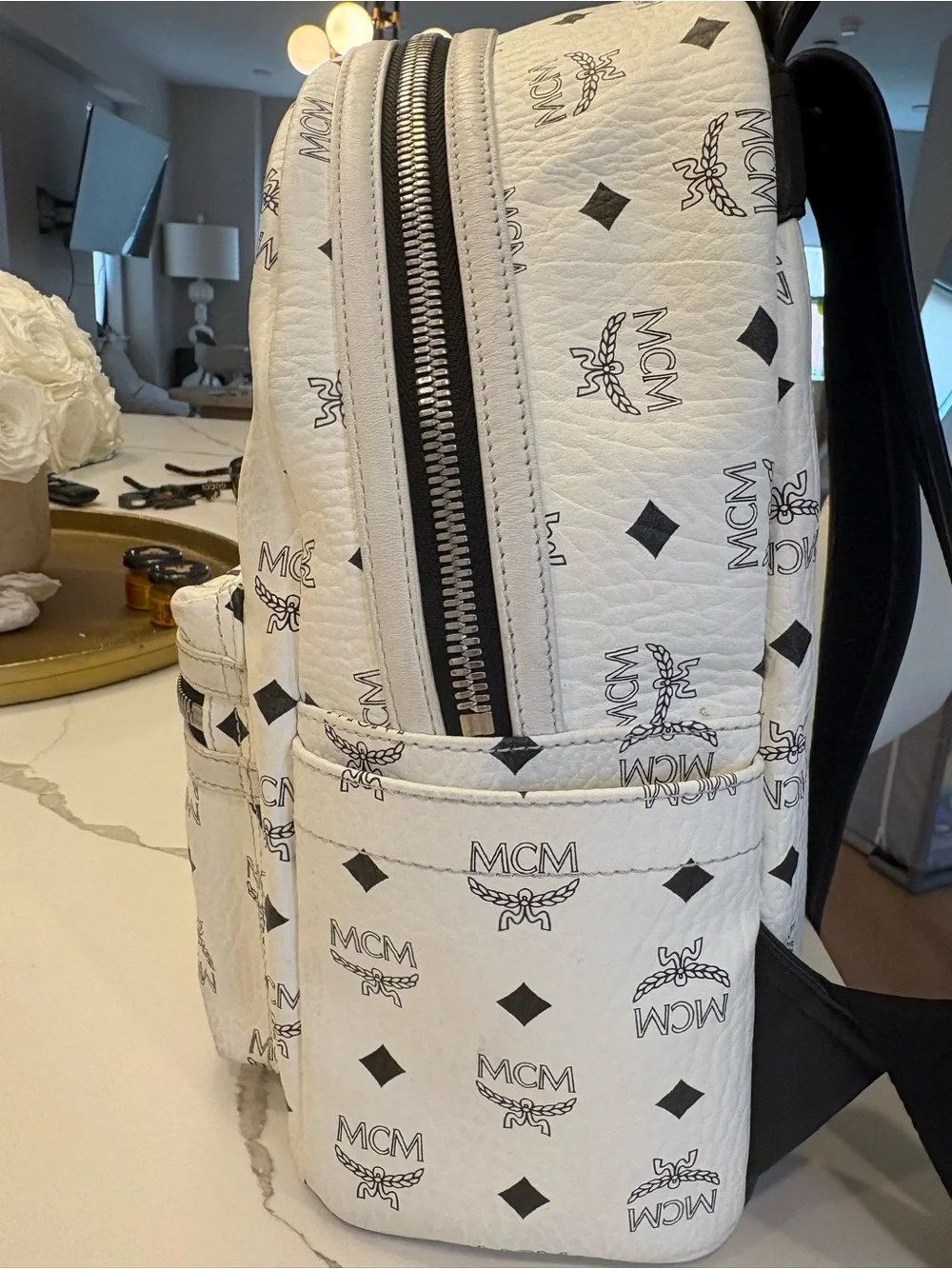 MCM White Logo Print Stark Backpack with Black Accents